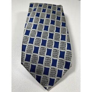 Stefano Milano Mens Silk Tie Blue Silver Geometric Square Pattern Handmade Italy